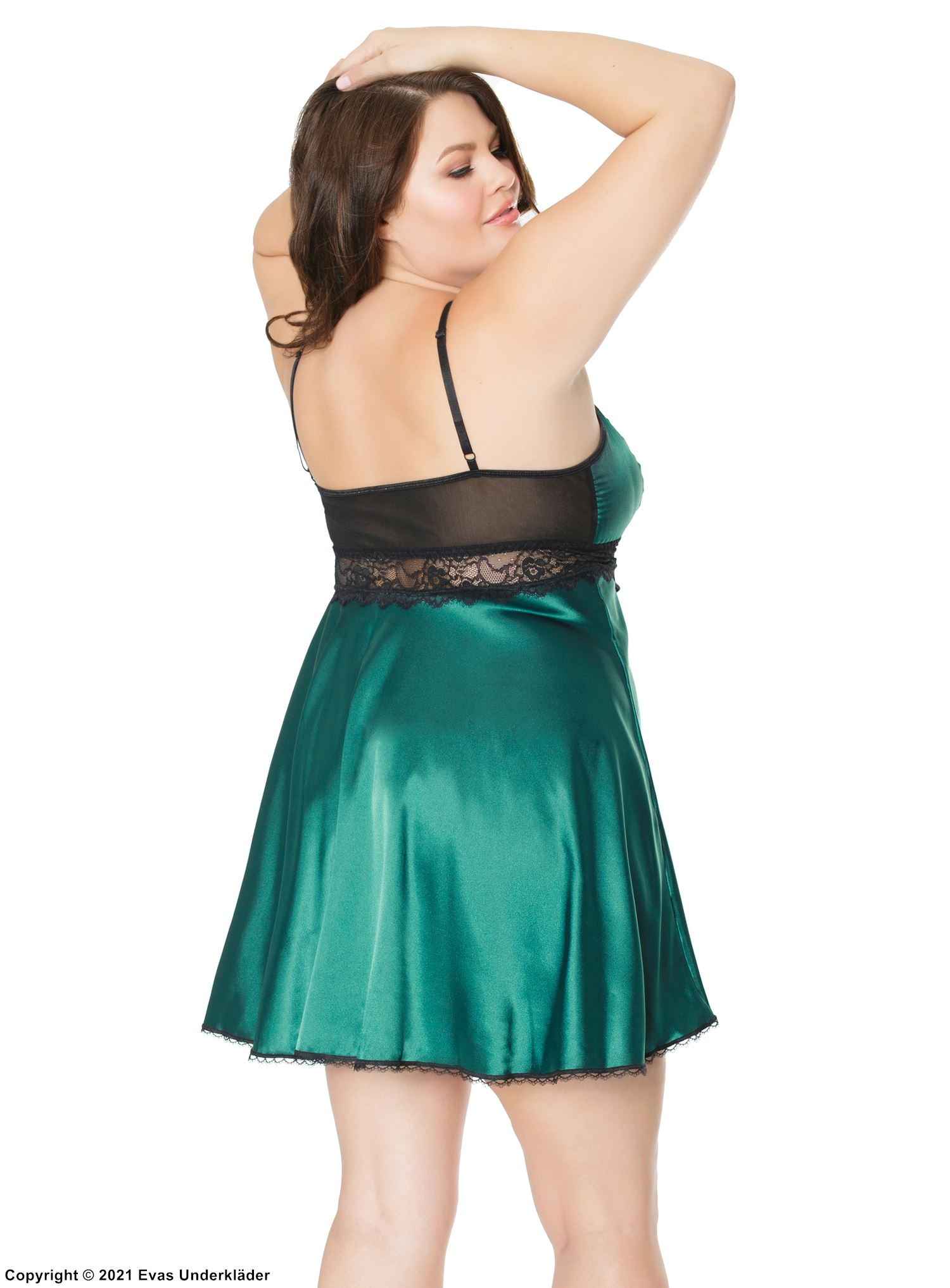 Bezauberndes Babydoll, Satin, Spitzeneinlagen, Schlitz, Plus Size